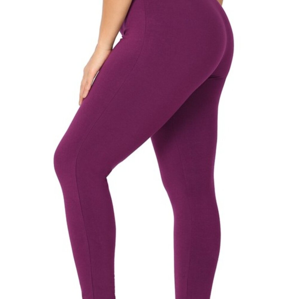 Zenana 1-3X Premium Cotton Wide Waistband Full Length Leggings - Dk Plum